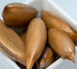 Close-up of several brown seed pods or nut-like fruits arranged in a white square dish against a pale blue background. 